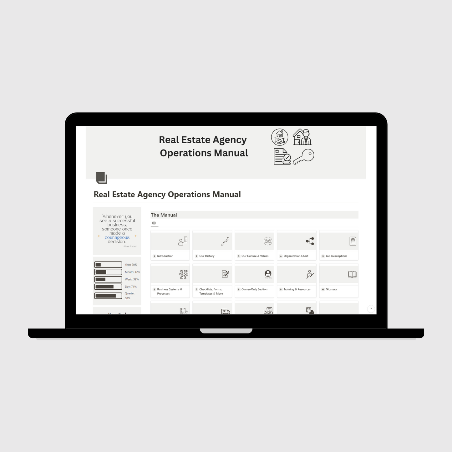 Notion Operations Manual template for small businesses shown on a laptop, featuring organized sections for company systems and team information, with a sidebar displaying motivational quotes and productivity progress trackers.