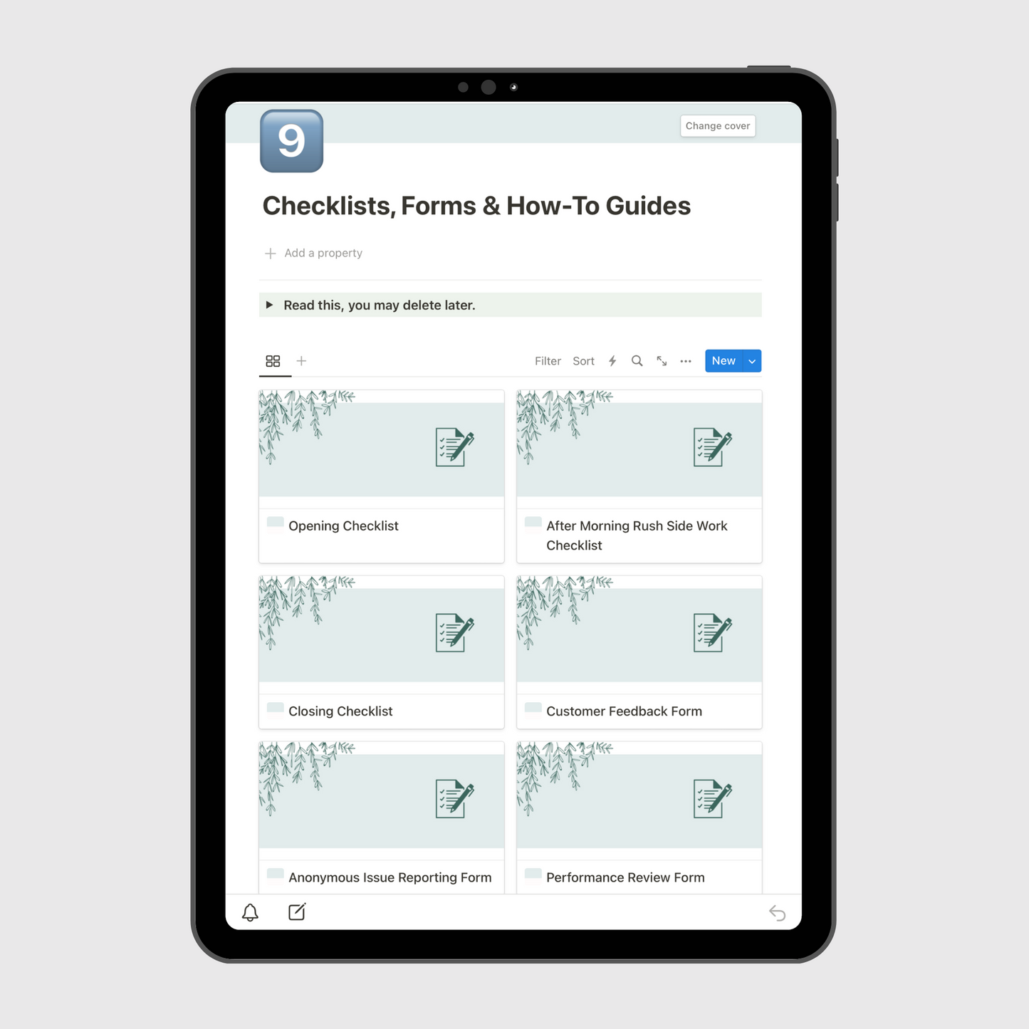 Tablet displaying a Notion template page titled “Checklists, Forms & How-To Guides” for restaurant operations, featuring editable cards for opening checklist, customer feedback form, and employee performance review checklist.