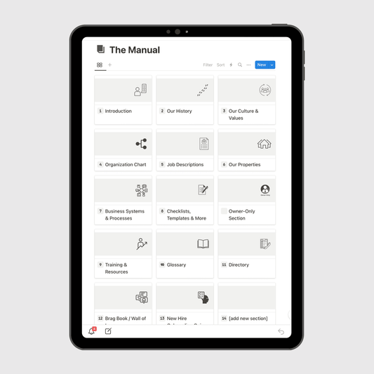 Tablet displaying “The Manual” section of an Airbnb Business Operations Manual Notion template with sections for company history, culture and values, job descriptions, emergency procedures, and business systems.