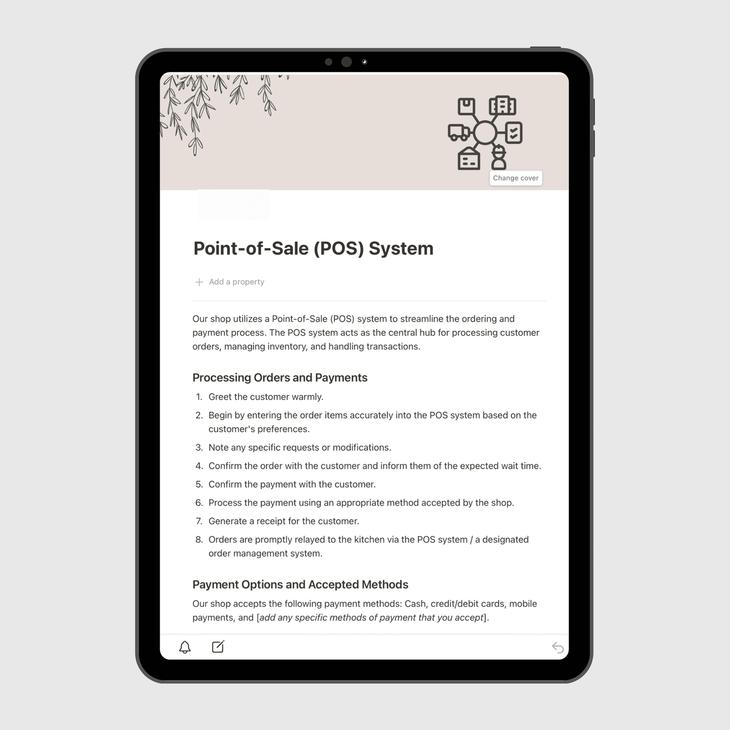 Tablet screen displaying the “Point-of-Sale (POS) System” section of a Notion Operations Manual template, outlining step-by-step procedures for processing orders, managing payments, and maintaining transaction accuracy.