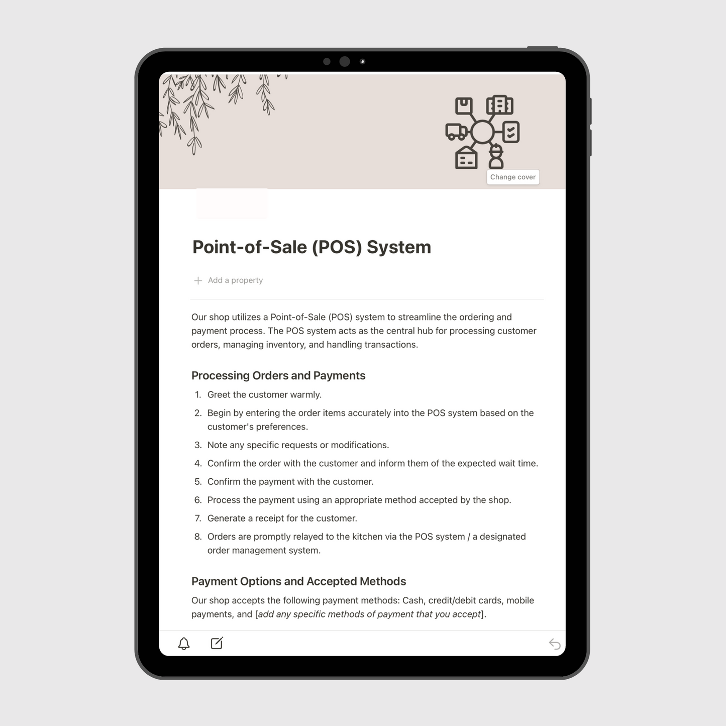 Tablet screen displaying the “Point-of-Sale (POS) System” section of a Notion Operations Manual template, outlining step-by-step procedures for processing orders, managing payments, and maintaining transaction accuracy.