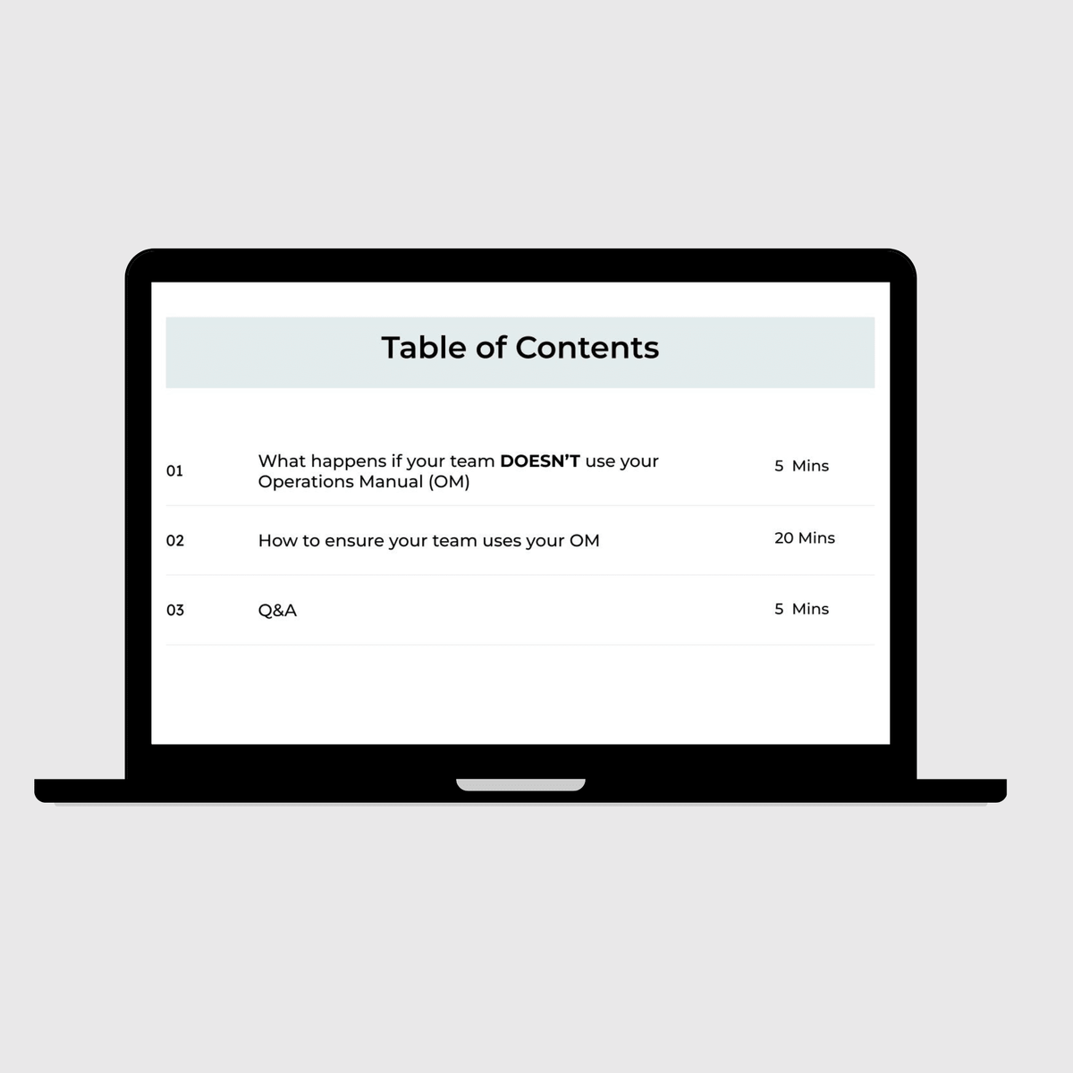 Laptop displaying a webinar slide table of content on how to make sure your team uses the Operations Manual