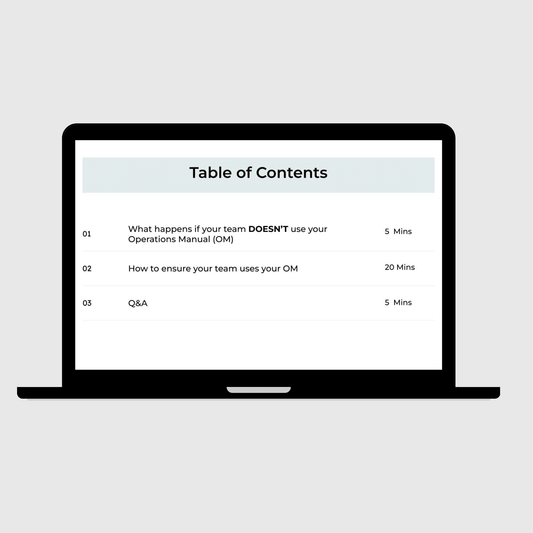 Laptop displaying a webinar slide table of content on how to make sure your team uses the Operations Manual