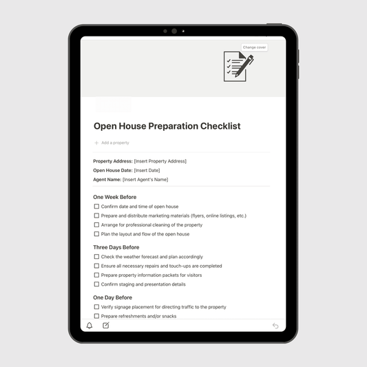 Notion Real Estate Operations Manual template shown on a tablet, featuring an Open House Preparation Checklist with timelines and task lists to help real estate agents plan successful property viewings.
