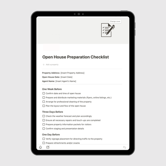 Notion Real Estate Operations Manual template shown on a tablet, featuring an Open House Preparation Checklist with timelines and task lists to help real estate agents plan successful property viewings.