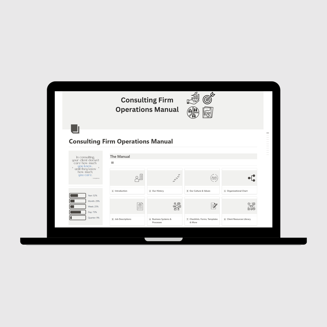 Consulting Firm Operations Manual template in Notion shown on a laptop