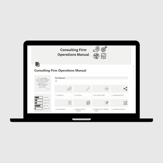 Consulting Firm Operations Manual template in Notion shown on a laptop
