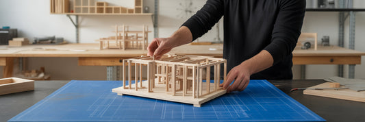 Person building model from clear blueprint