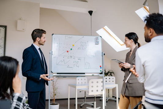 Business team planning on a whiteboard during a meeting