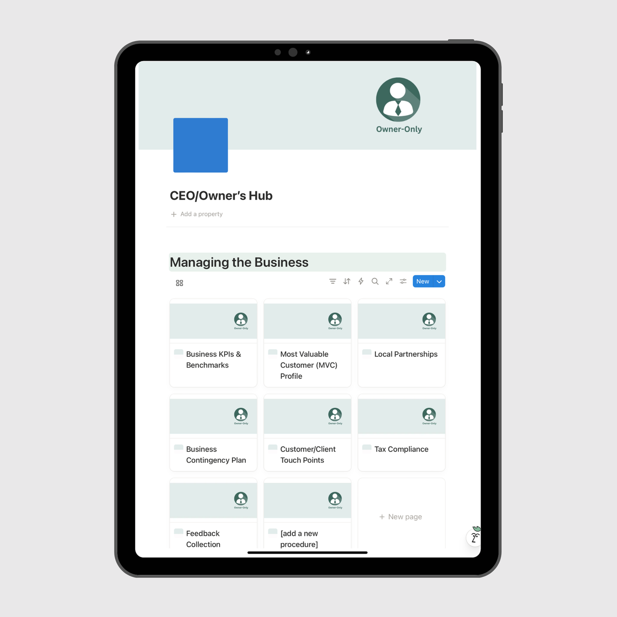 Owner-only hub in an operations manual with business KPIs, tax compliance and a contingency plan