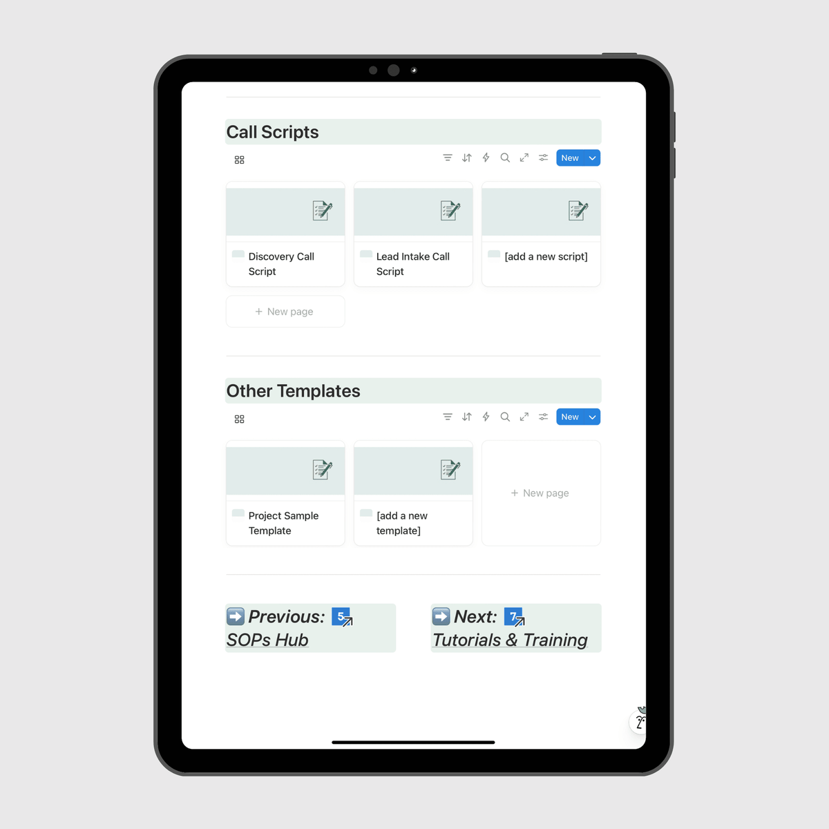 Call scripts and templates section of an operations manual in Notion shown on a tablet