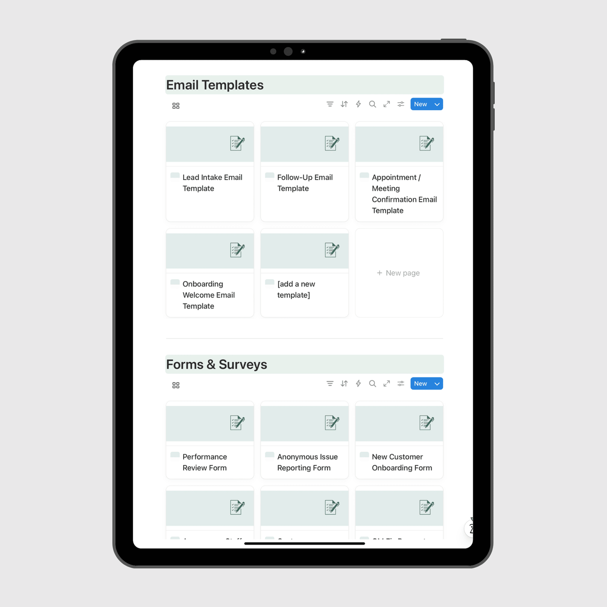 Email templates and forms inside an operations manual in Notion, including an onboarding welcome email and a new customer onboarding form