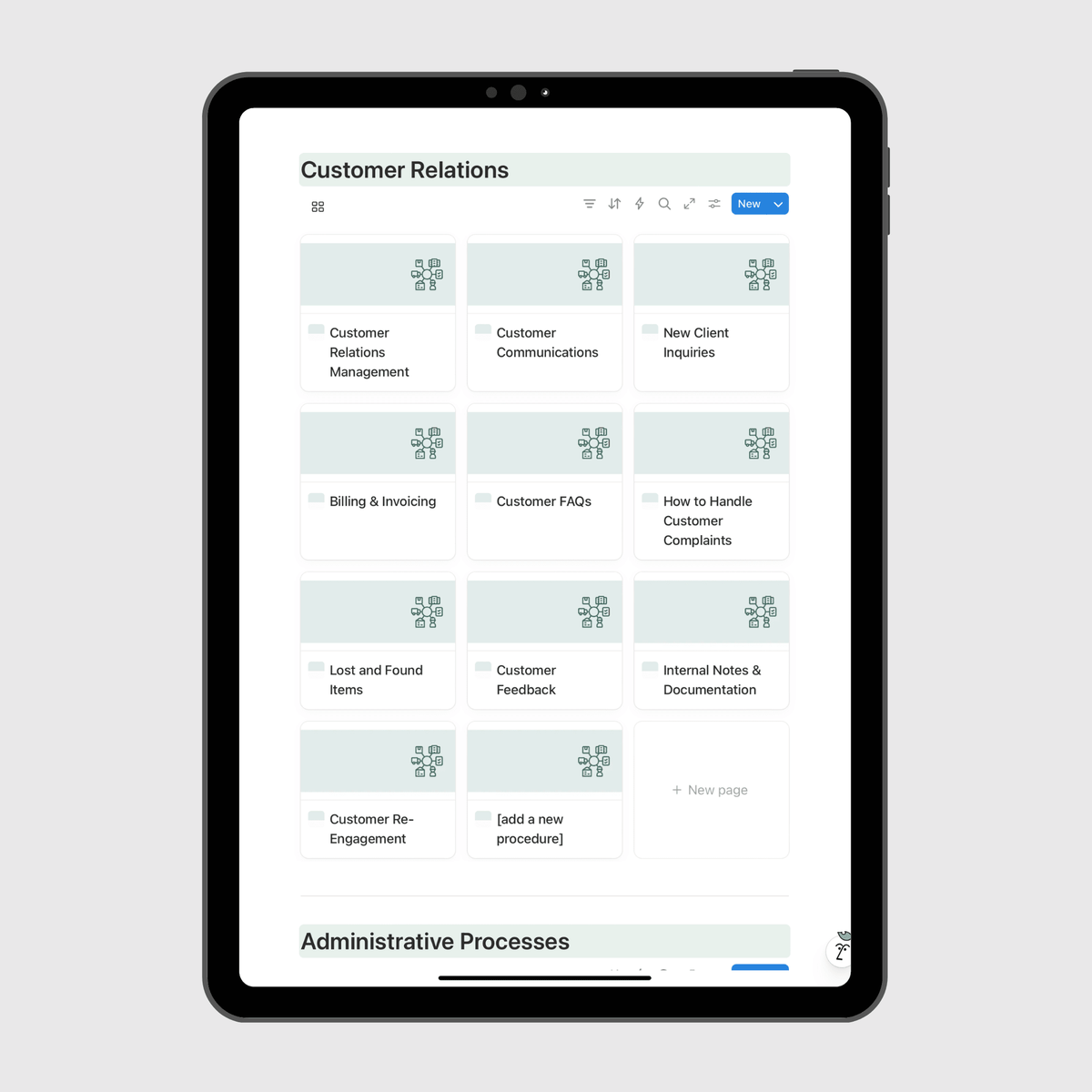 Customer Relations SOPs hub inside an operations manual in Notion