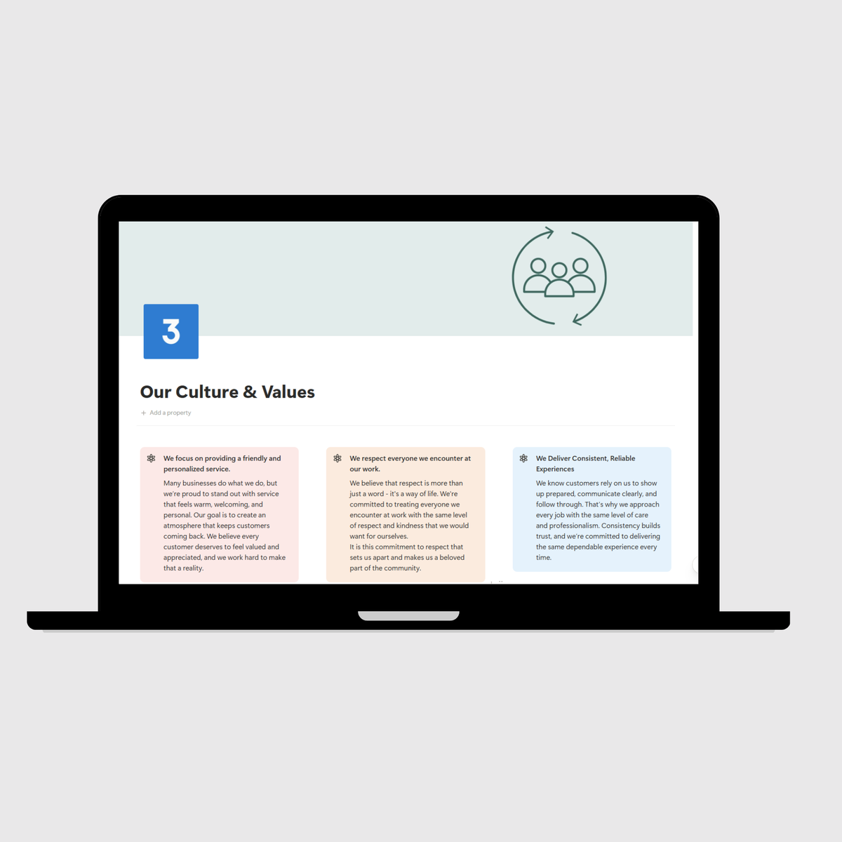 Culture and Values section of an operations manual in Notion