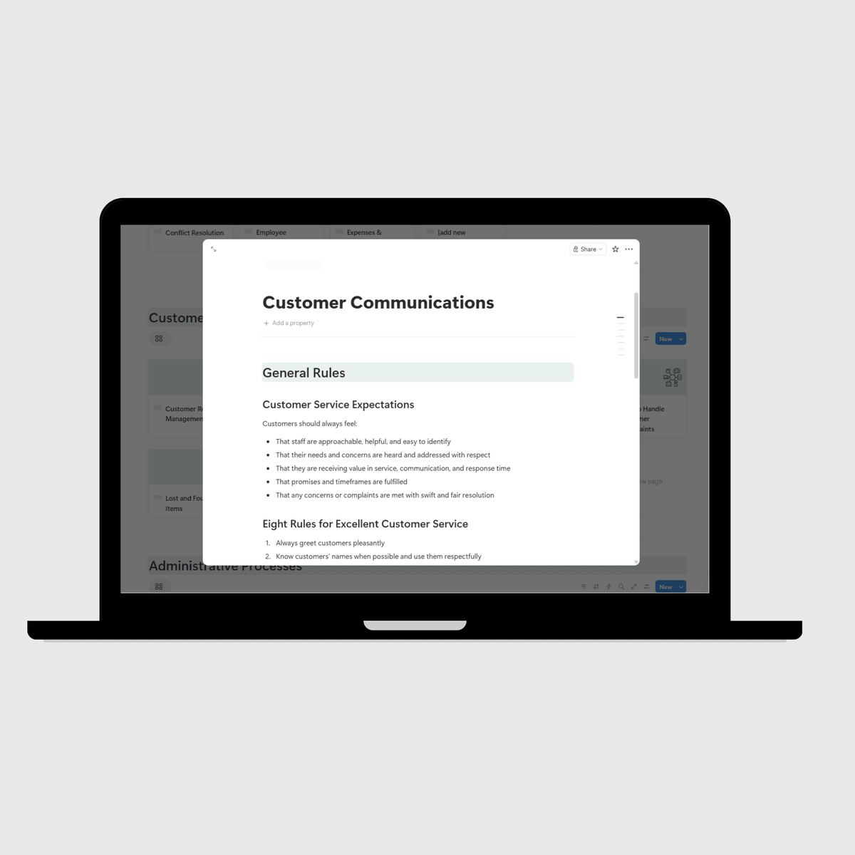 Customer Communications SOP inside an operations manual in Notion