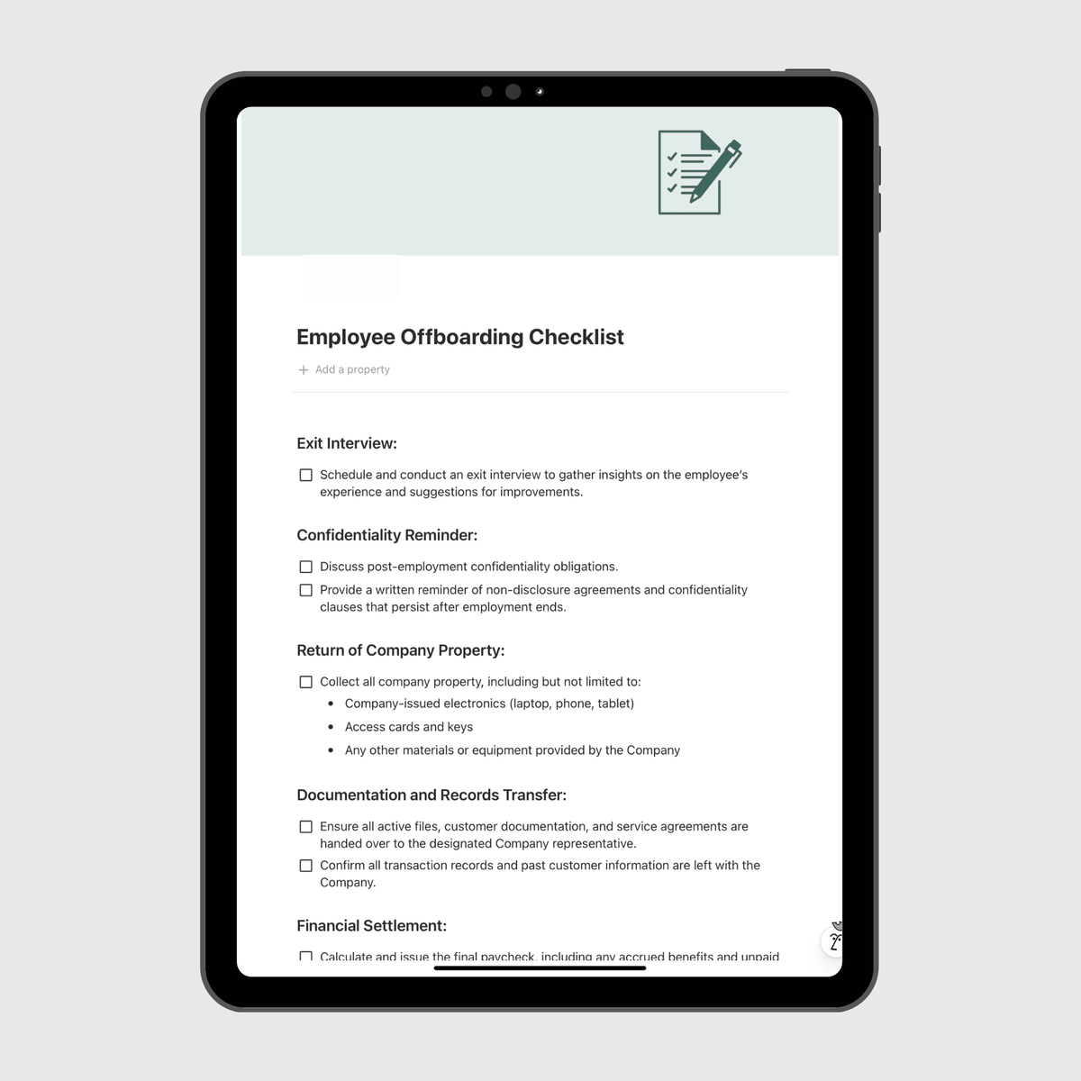 Employee offboarding checklist in Notion covering confidentiality, return of company property and records transfer