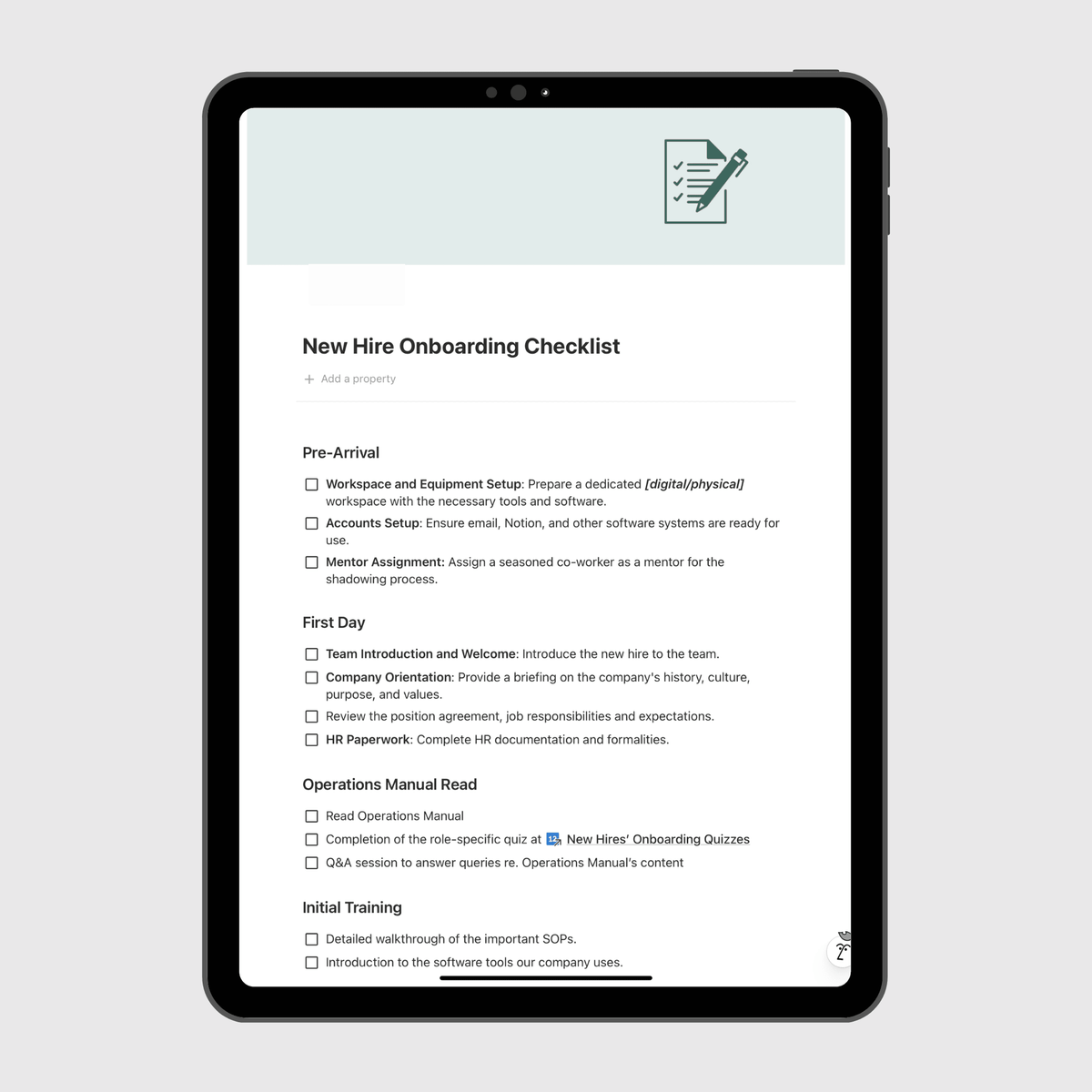 New hire onboarding checklist in Notion shown on a tablet