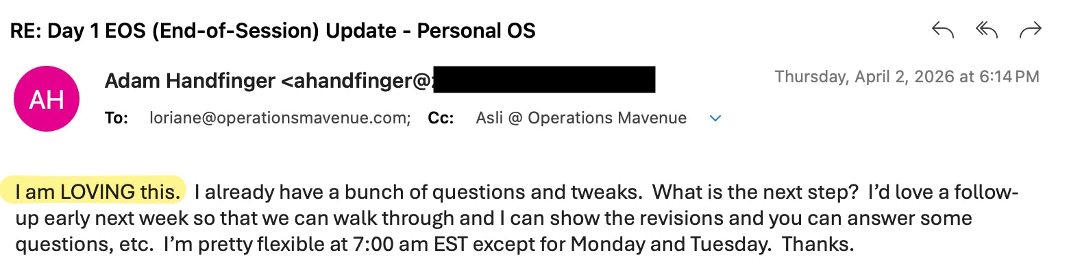 A screenshot of an email message dated RE: DAY 1 EOS (End-of-Session) Update - Personal OS, showing a professional conversation between Adam Handfinger and Operations Mavenue. The email contains a text body discussing end-of-session follow-up questions and availability, with a pink circular avatar on the sender's name.