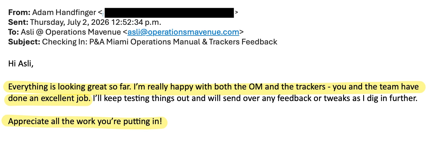 A screenshot of an email message showing a feedback comment from Adam Handfinger to Asil @ Operations Mavenue. The message contains a large yellow highlighted block containing the text 'Everything is looking great so far.