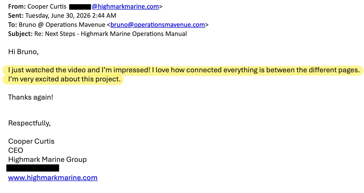 A screenshot of an email message on a white background. The email is from Highmark Marine Group to Bruno, dated Tuesday, June 30, 2026, with a highlighted paragraph that reads: 'I just watched the video and I'm impressed! I love how connected everything is between the different pages.