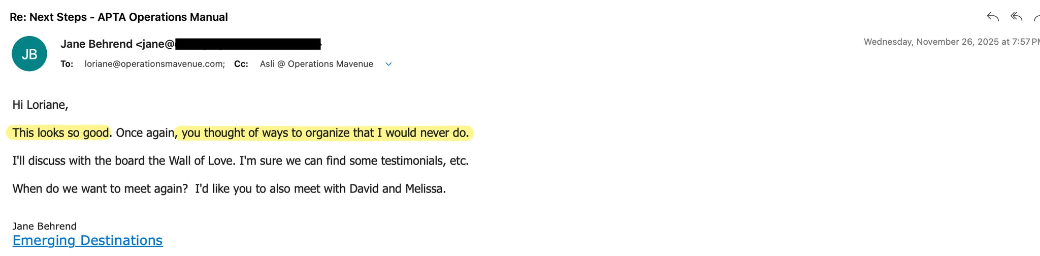 A screenshot of an email message from Jane Bernhard to Re: Next Steps - APTA Operations Manual, dated Wednesday, November 26, 2020. The email contains typed text with a highlighted section and blue hyperlink text for 'Emerging Destinations'.