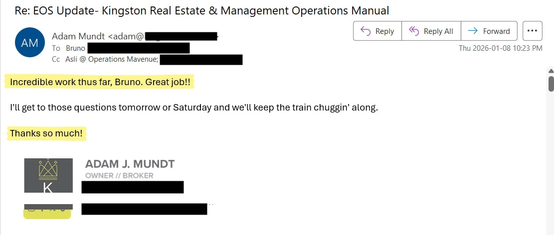 A screenshot of a Microsoft Teams chat thread with a message from Adam J. Mundt regarding an EOS Update manual for Kingston Real Estate & Management Operations.