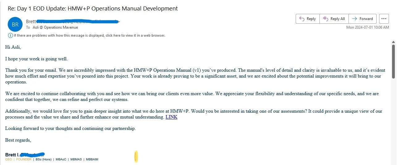 A screenshot of an email thread on a light gray background, with the subject heading 'Re: Day 1 EOO Update: HWMP + Operations Manual Development' and a body of text in black on a white email layout.
