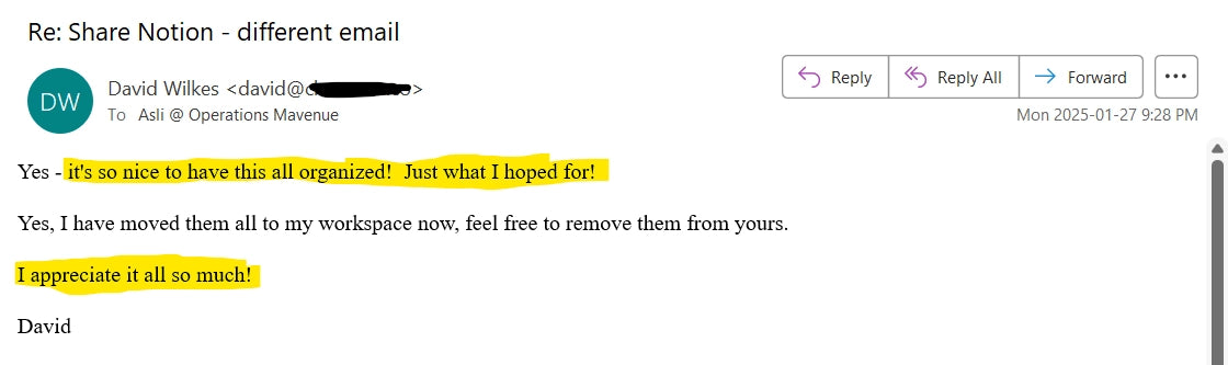 A screenshot of an email thread with a Notion-style interface header and message content. The visible text includes a reply button row, a sender name, a recipient address, and several paragraphs of email body text with highlighted yellow sections.