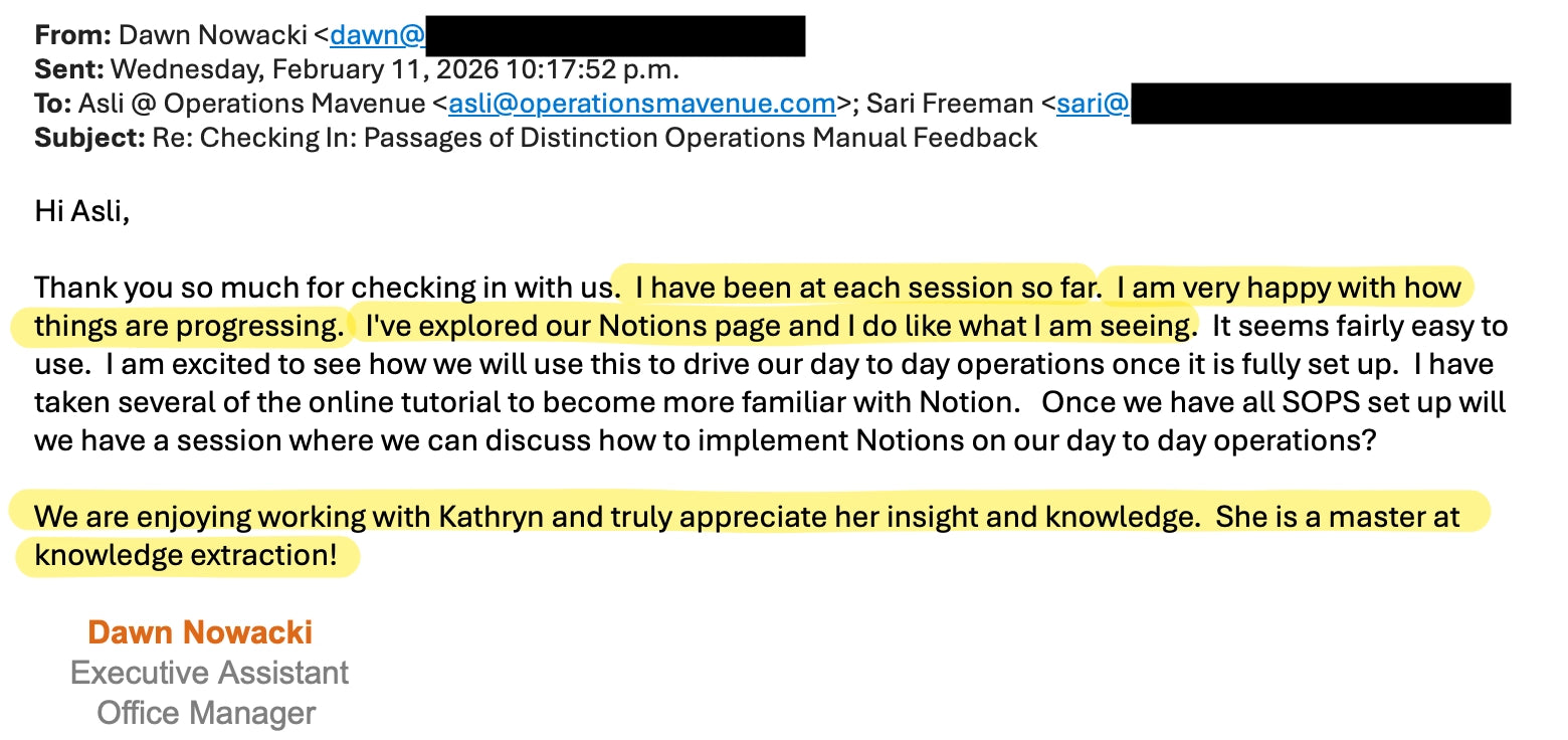 A screenshot of an email conversation in English, showing a message from Dawn Nowacki to Asil and Sreeman regarding Notion integration and SOPs setup. The text is displayed on a light gray background with some yellow highlight overlays.