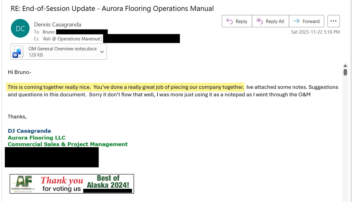 A screenshot of an email thread from Aurora Flooring Operations Manual, showing a message from Dennis Casagranda with attachments and a 'Thank you for voting us Alaska 2024!' sticker at the bottom.