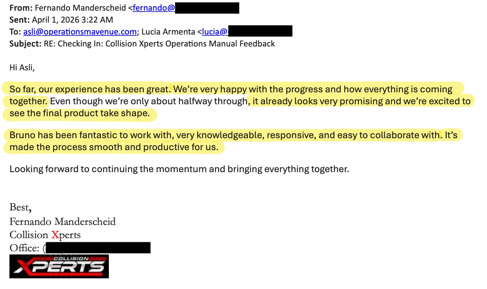 A screenshot of an email message on a white background, with several names and phone numbers redacted by black blocks. The email contains highlighted yellow sections and a logo for Collision Xperts at the bottom.