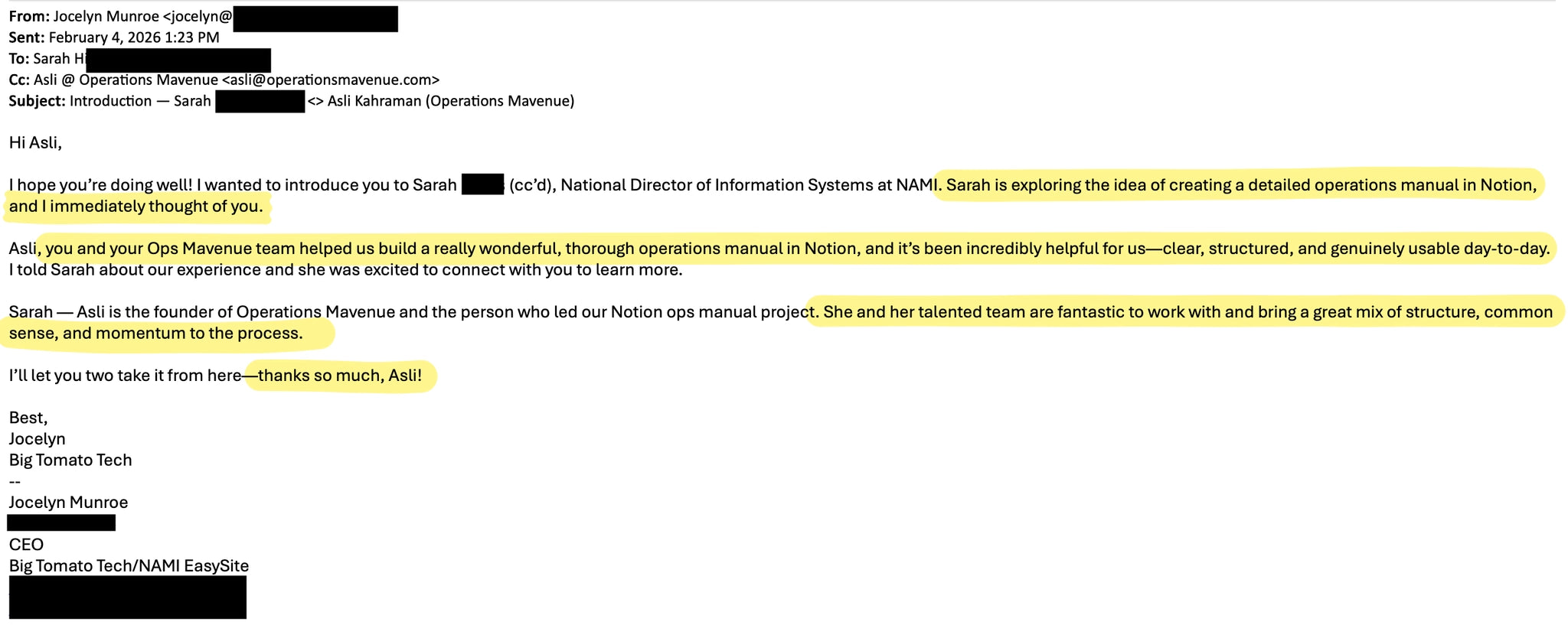 A screenshot of an email conversation with multiple blocks of text obscured by redaction boxes, including a highlighted yellow section.
