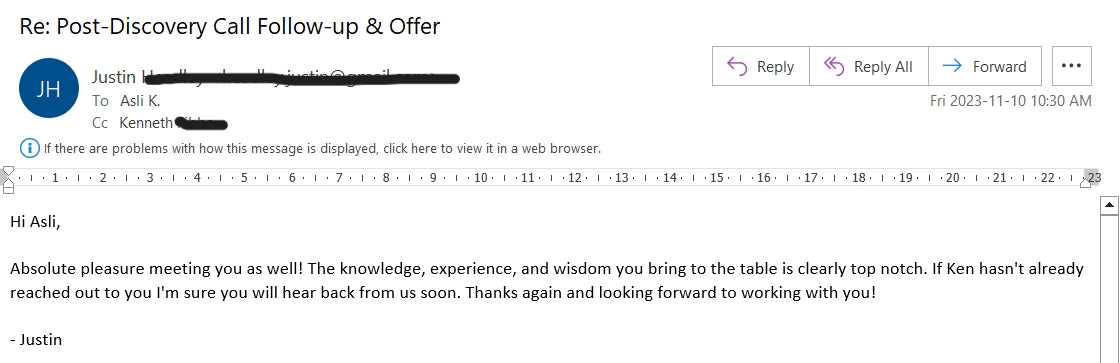 A screenshot of an email thread message with the subject 'Re: Post-Discovery Call Follow-up & Offer' and a body of text responding to a client, including a JH initials logo in the attachment area.