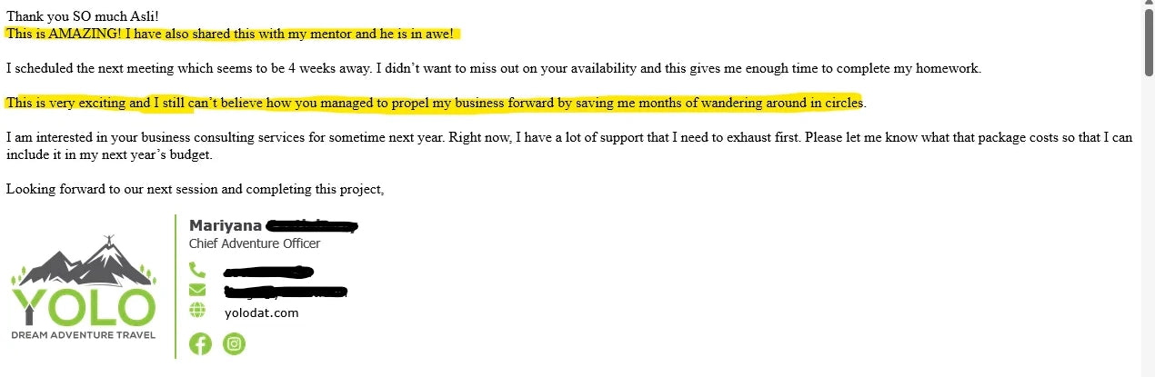 A screenshot of an email message with a large yellow highlight over a paragraph, plus a YOLO business card graphic at the bottom left. The visible text appears to be a job or opportunity inquiry rather than a product photo.