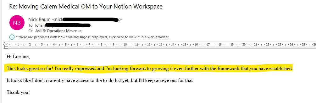 A screenshot of an email conversation with a large blurred rectangle covering the center of the message body. The top header reads 'Re: Moving Calem Medical OM to Your Notion Workspace' and the bottom text says 'Thank you!'.