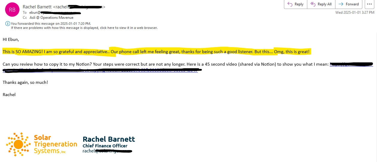 A screenshot of an email thread with Rachel Barnett and Solar Trigeneration Systems. The email contains a handwritten note at the bottom left that reads 'SO AMAZING! Our phone call left me feeling great, thanks for being such a good listener.