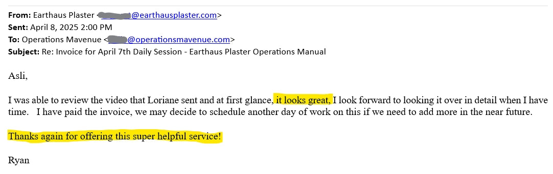 A screenshot of an email conversation showing a payment receipt and a thank you message. The text includes 'From: Earthhouse Plaster', 'To: Operations Mavenue', and a highlighted 'Thank you for offering this super helpful service!'.