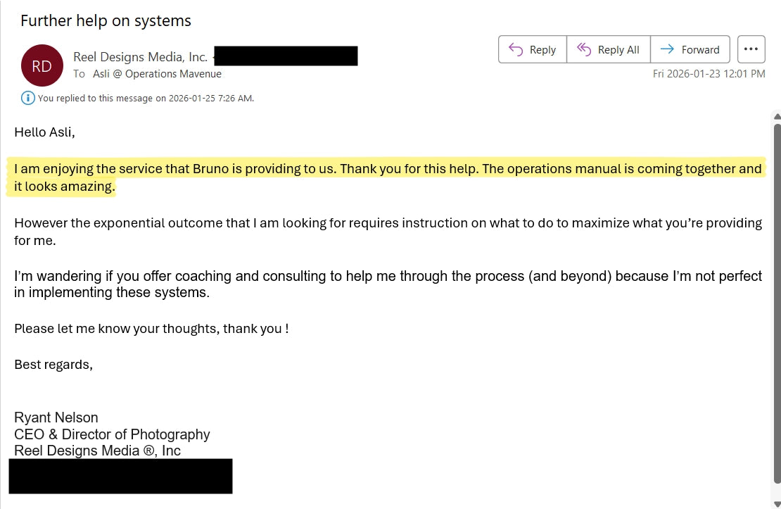 A screenshot of a business email reply from Reel Designs Media, Inc. to a customer named Asifi, discussing system support and an operations manual.
