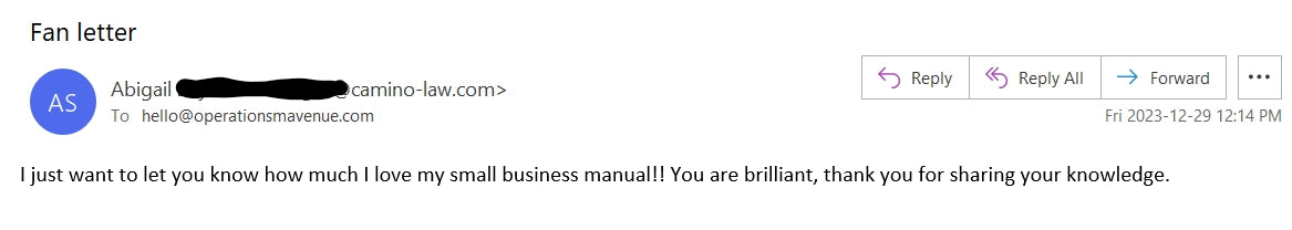 A screenshot of an email message showing a testimonial from Abigail S. to helio@operationsnineavenue.