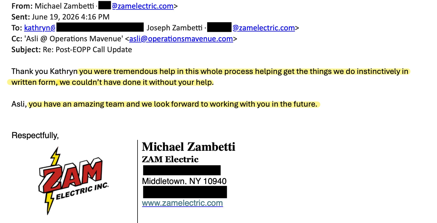 A scanned or photographed email message dated June 19, 2026, from Michael Zambetti for ZAM Electric, with black text on a white background and a ZAM Electric logo in the lower left. The message appears to be a thank-you/operations update email rather than a product photo.