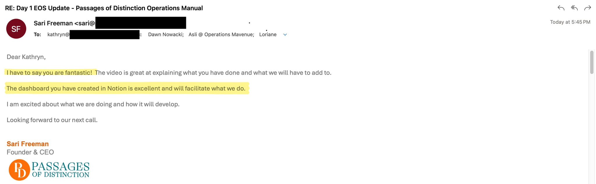 A screenshot of an email message from Sarl Freeman to Ratnesh, titled 'RE: 1C iOS Update - Passages of Distinction Operations Manual'. The email contains a message about the dashboard being excellent and looks forward to a next call.