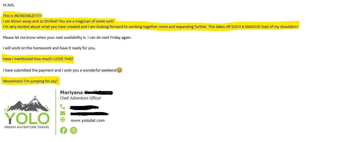 A screenshot of an email conversation with a yellow highlighted comment. The email is from 'Yolo Dream Adventure' to 'Jamie' regarding a 'Homework' trip.