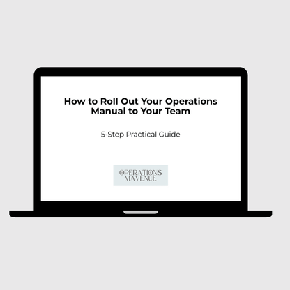 Laptop displaying a guide titled 'How to Roll Out Your Operations Manual to Your Team' by Operations Avenue on a light gray background.