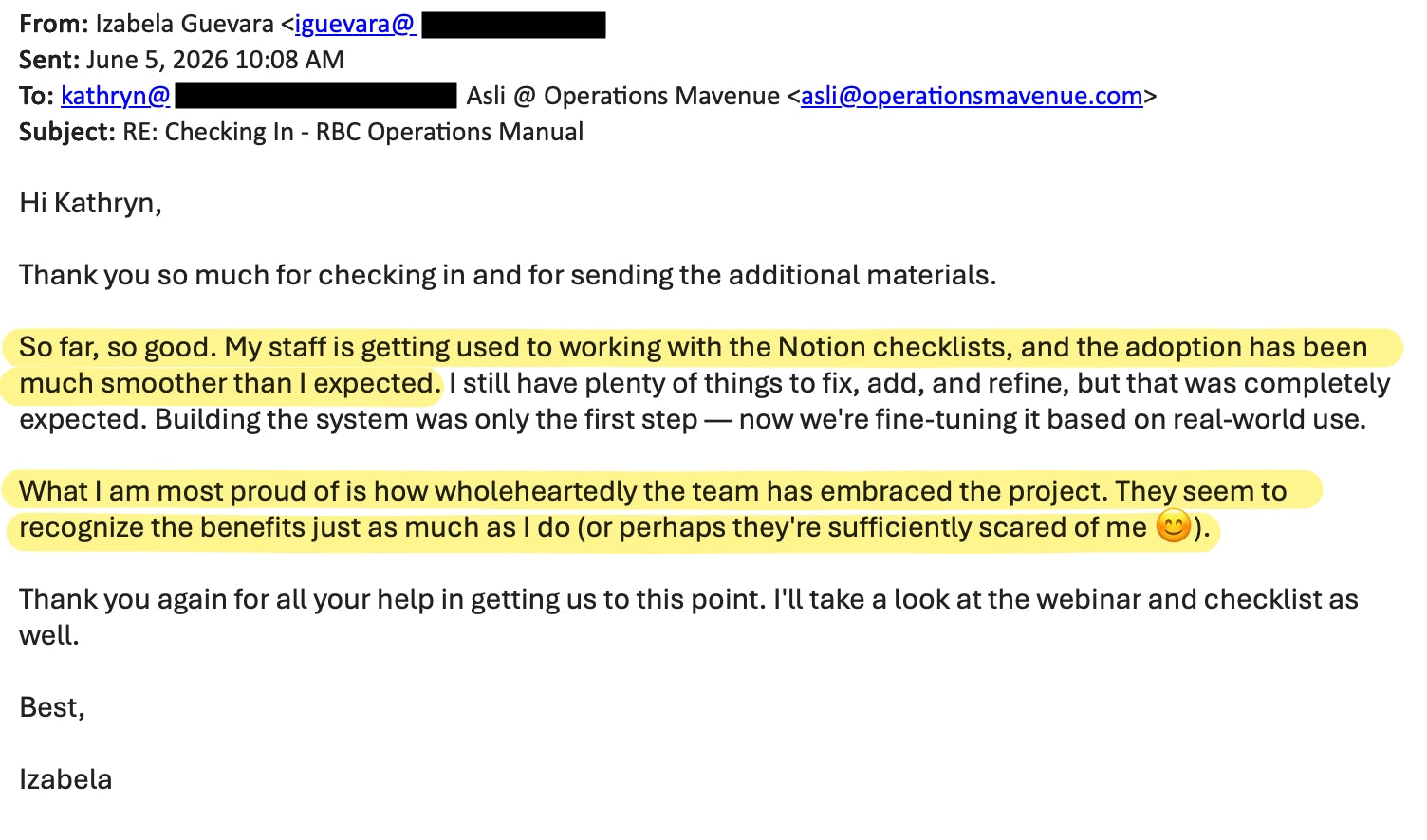 A screenshot of an email message from Izelara Guevara to Kathryn Operations Mavence, discussing Notion checklists and project adoption. The message contains several text blocks highlighted in yellow, with some text redacted at the top.