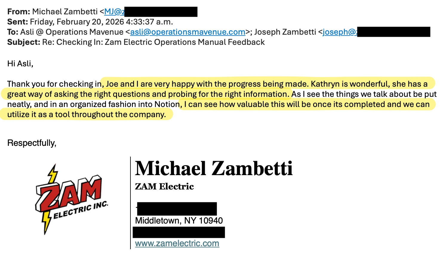 A scanned or photographed email message on a white background with black text, some redacted blocks, and a logo for ZAM Electric Inc. at the bottom left.