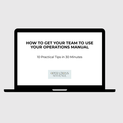 Laptop displaying a webinar slide introduction page on how to make sure your team uses the Operations Manual