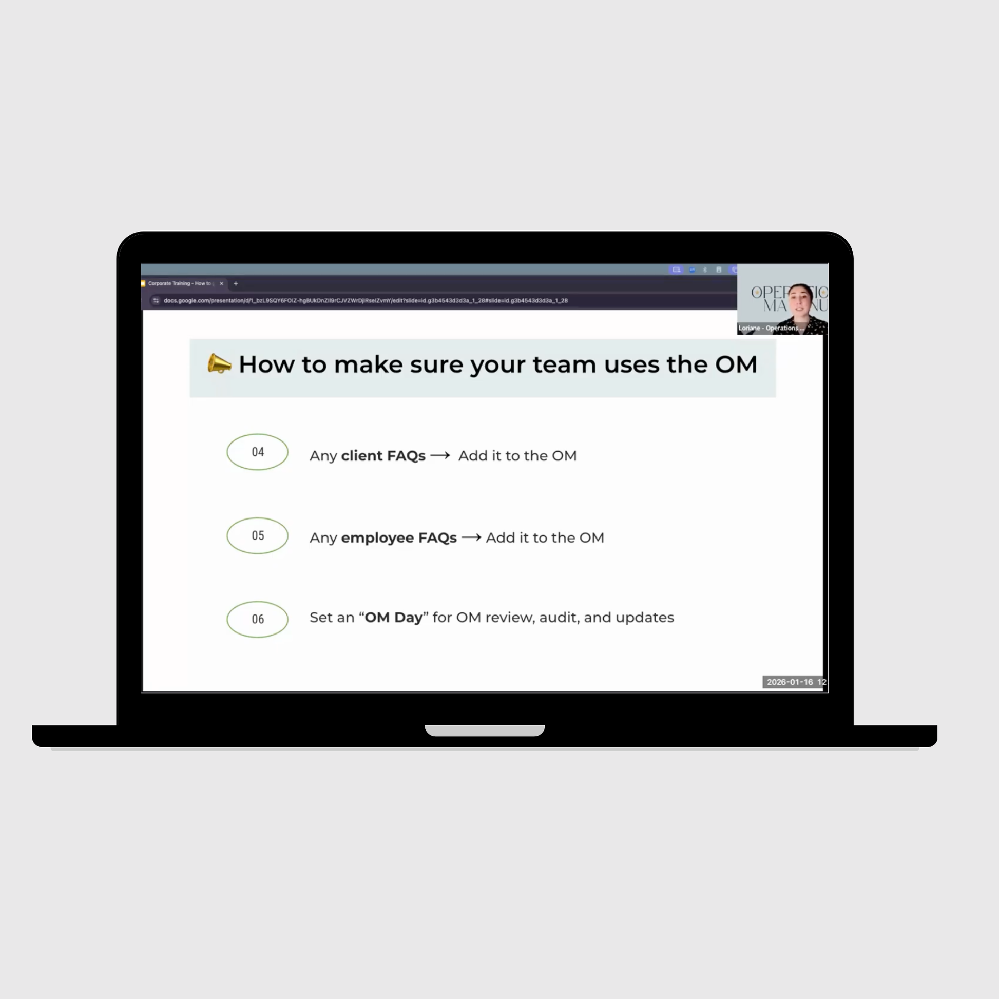 Laptop displaying a webinar slide with tips on how to make sure your team uses the Operations Manual