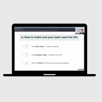 Laptop displaying a webinar slide with tips on how to make sure your team uses the Operations Manual