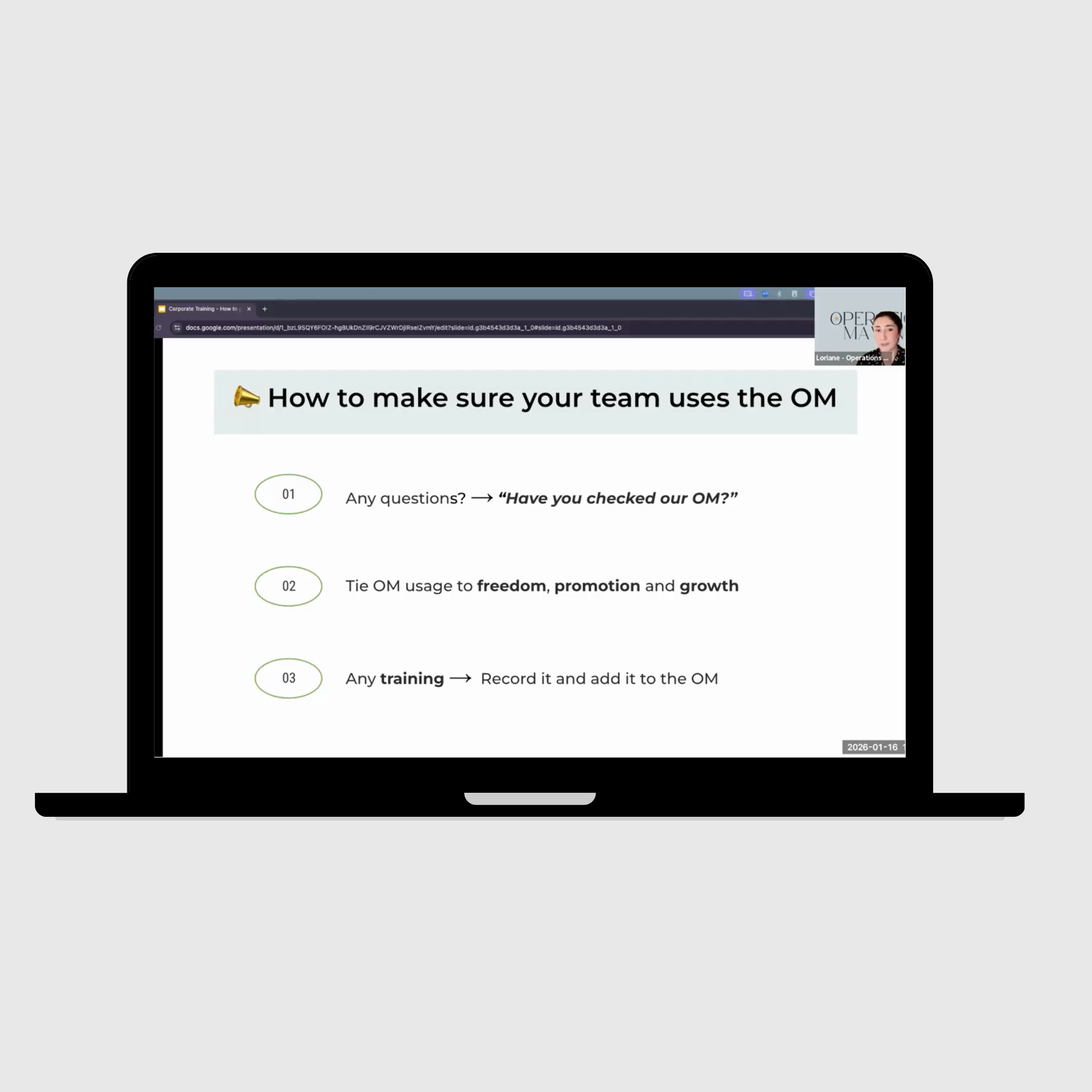 Laptop displaying a webinar slide with tips on how to make sure your team uses the Operations Manual
