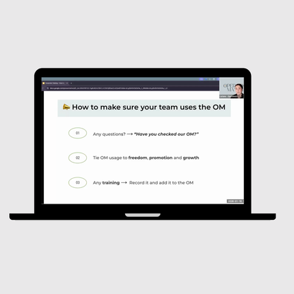 Laptop displaying a webinar slide with tips on how to make sure your team uses the Operations Manual